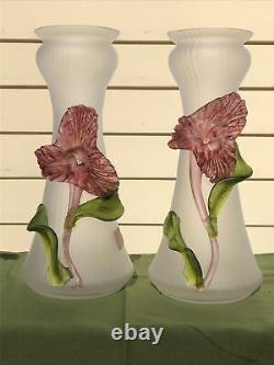 Pair Gorgeous Czechoslovakia Kralik Art Glass Vases Applied Flowers