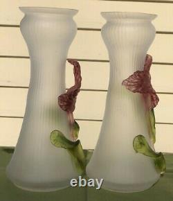 Pair Gorgeous Czechoslovakia Kralik Art Glass Vases Applied Flowers