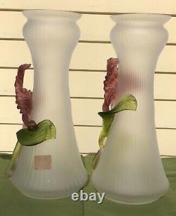 Pair Gorgeous Czechoslovakia Kralik Art Glass Vases Applied Flowers