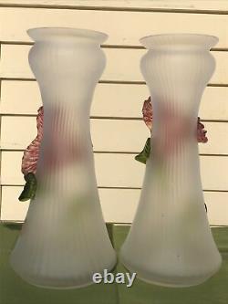 Pair Gorgeous Czechoslovakia Kralik Art Glass Vases Applied Flowers