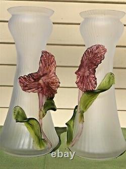 Pair Gorgeous Czechoslovakia Kralik Art Glass Vases Applied Flowers