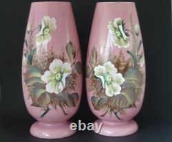 Pair Large Pink Victorian Bohemian Harrach Opaline Glass Vases Enamel Painted Fl