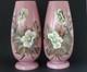 Pair Large Pink Victorian Bohemian Harrach Opaline Glass Vases Enamel Painted Fl