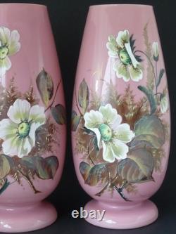 Pair Large Pink Victorian Bohemian Harrach Opaline Glass Vases Enamel Painted Fl