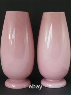 Pair Large Pink Victorian Bohemian Harrach Opaline Glass Vases Enamel Painted Fl