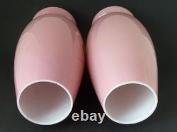 Pair Large Pink Victorian Bohemian Harrach Opaline Glass Vases Enamel Painted Fl