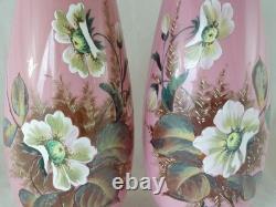 Pair Large Pink Victorian Bohemian Harrach Opaline Glass Vases Enamel Painted Fl