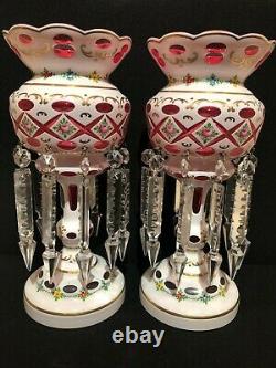 Pair MOSER-STYLE BOHEMIAN Czech WHITE CUT to Cranberry MANTLE LUSTERS withPRISMS