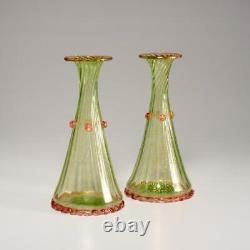 Pair Murano Green Pink Dot Gold Fleck Ribbed Flared Ruffled Foot Blown Vases