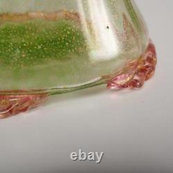 Pair Murano Green Pink Dot Gold Fleck Ribbed Flared Ruffled Foot Blown Vases