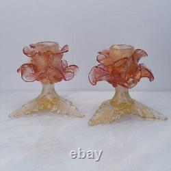 Pair Murano Italy Art Glass Flower Candle Holder Opalescent Gold Rose Pink 1960s