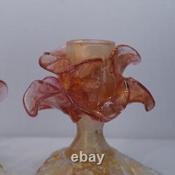 Pair Murano Italy Art Glass Flower Candle Holder Opalescent Gold Rose Pink 1960s