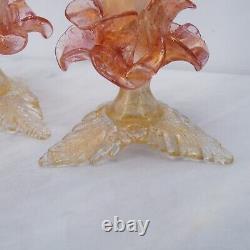 Pair Murano Italy Art Glass Flower Candle Holder Opalescent Gold Rose Pink 1960s