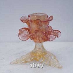 Pair Murano Italy Art Glass Flower Candle Holder Opalescent Gold Rose Pink 1960s