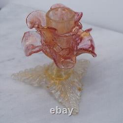 Pair Murano Italy Art Glass Flower Candle Holder Opalescent Gold Rose Pink 1960s