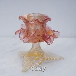 Pair Murano Italy Art Glass Flower Candle Holder Opalescent Gold Rose Pink 1960s