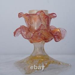 Pair Murano Italy Art Glass Flower Candle Holder Opalescent Gold Rose Pink 1960s