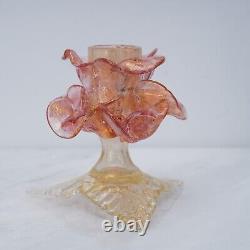 Pair Murano Italy Art Glass Flower Candle Holder Opalescent Gold Rose Pink 1960s