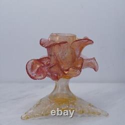 Pair Murano Italy Art Glass Flower Candle Holder Opalescent Gold Rose Pink 1960s