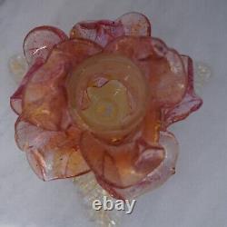 Pair Murano Italy Art Glass Flower Candle Holder Opalescent Gold Rose Pink 1960s