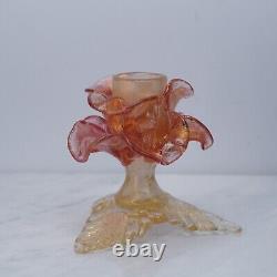 Pair Murano Italy Art Glass Flower Candle Holder Opalescent Gold Rose Pink 1960s