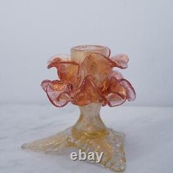 Pair Murano Italy Art Glass Flower Candle Holder Opalescent Gold Rose Pink 1960s