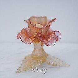 Pair Murano Italy Art Glass Flower Candle Holder Opalescent Gold Rose Pink 1960s