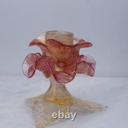 Pair Murano Italy Art Glass Flower Candle Holder Opalescent Gold Rose Pink 1960s