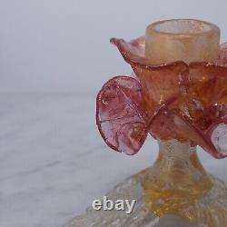 Pair Murano Italy Art Glass Flower Candle Holder Opalescent Gold Rose Pink 1960s