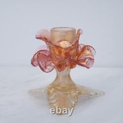 Pair Murano Italy Art Glass Flower Candle Holder Opalescent Gold Rose Pink 1960s