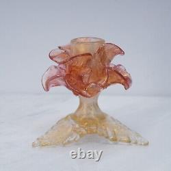 Pair Murano Italy Art Glass Flower Candle Holder Opalescent Gold Rose Pink 1960s