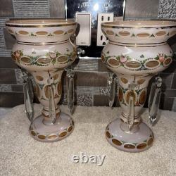 Pair Of Antique Victorian Art Glass Mantle Lusters With Prisms Pink Color