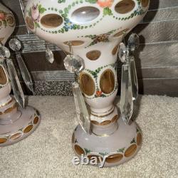 Pair Of Antique Victorian Art Glass Mantle Lusters With Prisms Pink Color