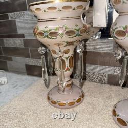 Pair Of Antique Victorian Art Glass Mantle Lusters With Prisms Pink Color