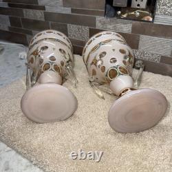 Pair Of Antique Victorian Art Glass Mantle Lusters With Prisms Pink Color