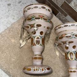 Pair Of Antique Victorian Art Glass Mantle Lusters With Prisms Pink Color