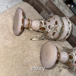 Pair Of Antique Victorian Art Glass Mantle Lusters With Prisms Pink Color