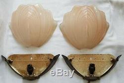 Pair Of Art Deco Period Wall Lights Beautiful Pink Glass Shades Metal Mounts