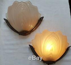 Pair Of Art Deco Period Wall Lights Beautiful Pink Glass Shades Metal Mounts