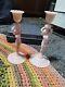 Pair Of Cambridge Crown Tuscan Nude Pink Art Glass Candle Stick Holders
