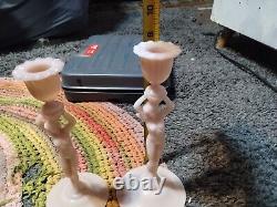 Pair Of Cambridge Crown Tuscan Nude Pink Art Glass Candle Stick Holders