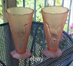 Pair Of Large Antique Art Deco Libochovice Pink Glass Vases Cranes