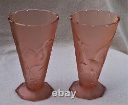 Pair Of Large Antique Art Deco Libochovice Pink Glass Vases Cranes