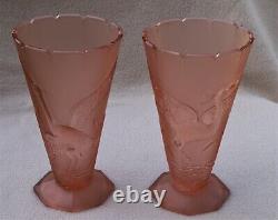 Pair Of Large Antique Art Deco Libochovice Pink Glass Vases Cranes