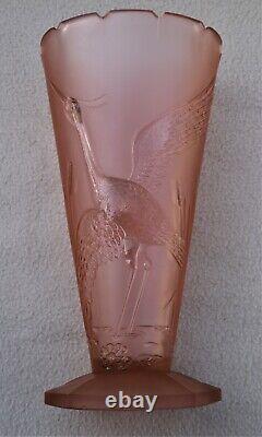 Pair Of Large Antique Art Deco Libochovice Pink Glass Vases Cranes