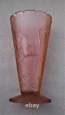 Pair Of Large Antique Art Deco Libochovice Pink Glass Vases Cranes