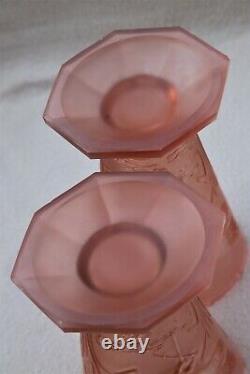 Pair Of Large Antique Art Deco Libochovice Pink Glass Vases Cranes