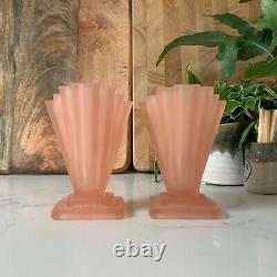 Pair Pink Bagley Frosted Glass Grantham Vases, 4 Catalogue Number 334 1930s