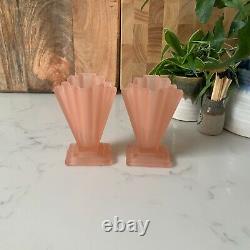 Pair Pink Bagley Frosted Glass Grantham Vases, 4 Catalogue Number 334 1930s