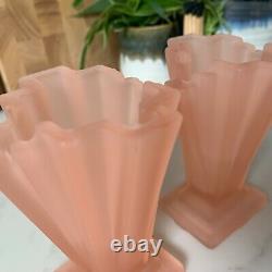 Pair Pink Bagley Frosted Glass Grantham Vases, 4 Catalogue Number 334 1930s